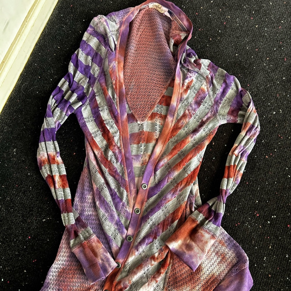 NWT Scrapbook Anthropologie tie dye purple long open knit cardigan sweater